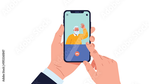 Hands holding a smartphone during a video call with a smiling elderly man representing family communication and technology.