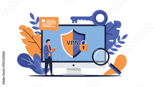 Person standing next to a computer screen with a VPN shield and lock symbol representing online privacy and data protection.