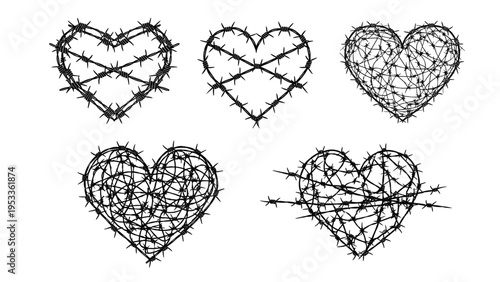 Set of five different heart shapes created using black and white barbed wire illustrations representing pain or difficult love.