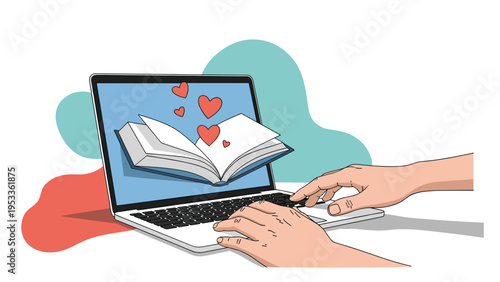 Person typing on a laptop with an open book and red hearts coming out of the screen representing digital learning and love.