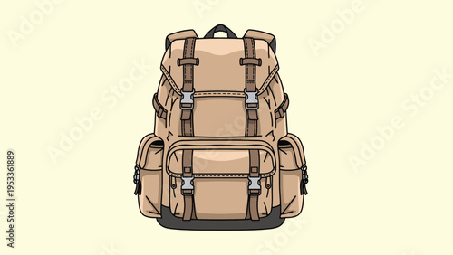 Front view of a detailed brown and beige hiking backpack with multiple pockets and straps on a light yellow background.