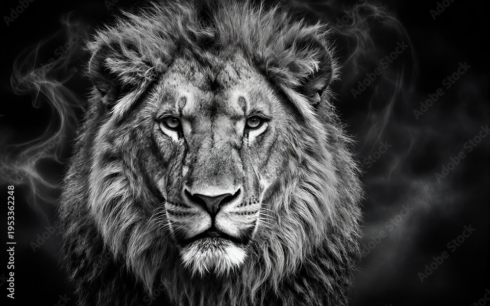 Fototapeta premium Majestic lion with smoke swirls intense gaze monochrome drama against