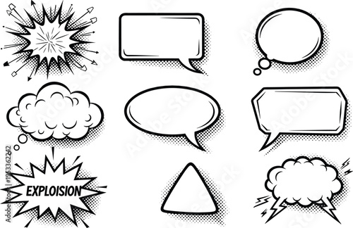 Comic speech and thought bubble illustration set with halftone shading, lightning, explosion, cloud, oval, and rectangular designs, perfect for storytelling projects.