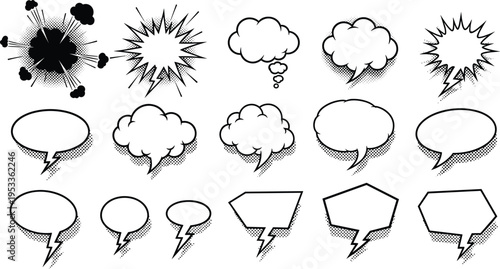 Comic bubble and explosion effect illustration collection with speech, thought, and impact designs, perfect for graphic novels, storytelling, and creative projects.