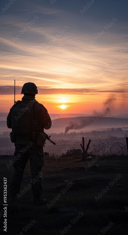 Fototapeta premium Soldier Silhouette at Sunrise with Smoke and Horizon in Background