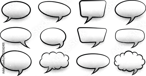 Comic speech and thought bubble illustration set with halftone shading and varied shapes, perfect for graphic novels, cartoons, 
