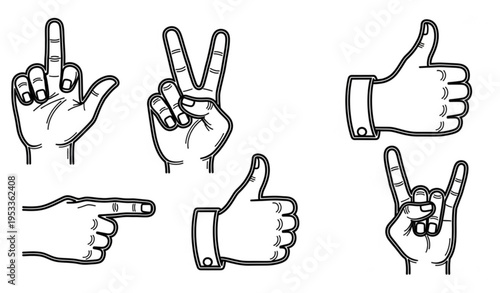 Black and white hand gesture icon set for t shirt design isolated on transparent background