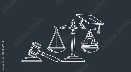 Law and education balance scales with gavel graduation cap and book on dark background