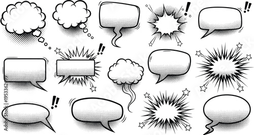 Comic speech and thought bubble illustration set with halftone shading, exclamation marks, stars, 