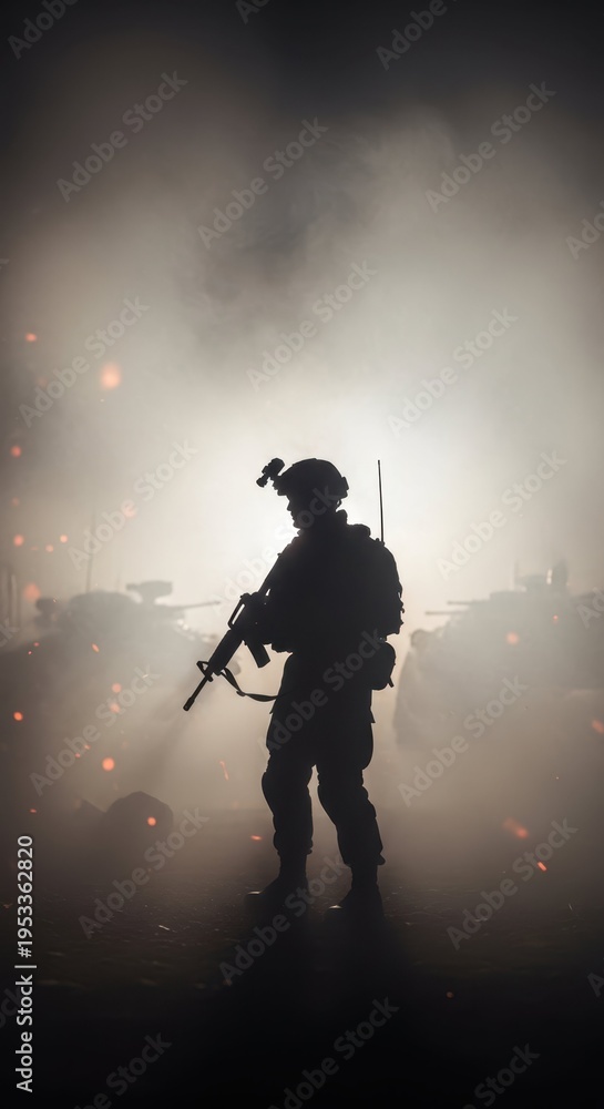 Fototapeta premium Silhouette of Soldier in Fog with Gun During Military Operation