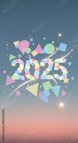 Happy New Year 2025 Celebration with Colorful Geometric Shapes.