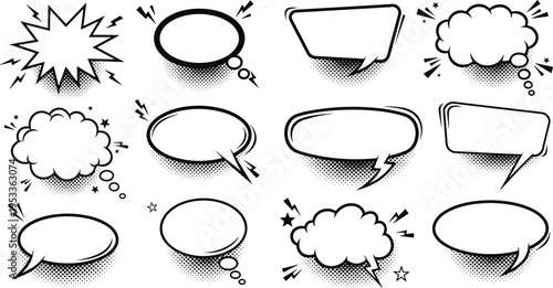 Comic speech and thought bubble illustration set with halftone shading, jagged edges, stars, clouds, 