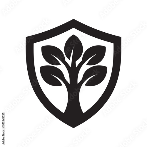 Black Tree Branch Inside Shield Frame Icon for Nature Protection and Conservation