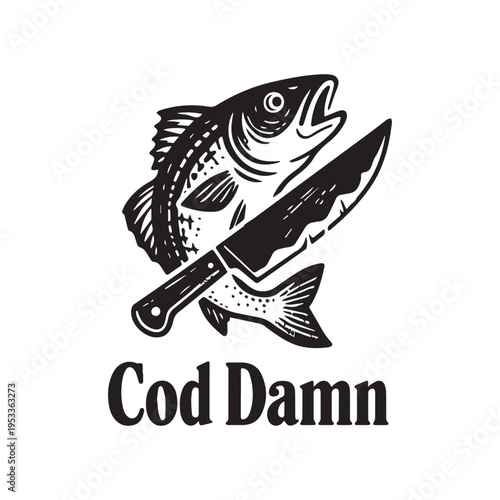 Vintage Cod Damn Fishing Graphic with Chef Knife and Rustic Woodcut Style Illustration