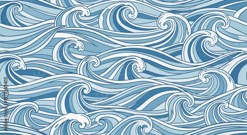 A vector graphic illustration of blue and white ocean waves in a stylized, swirling pattern