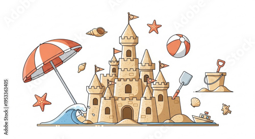 A colorful illustration of a sandcastle with beach elements and a white background