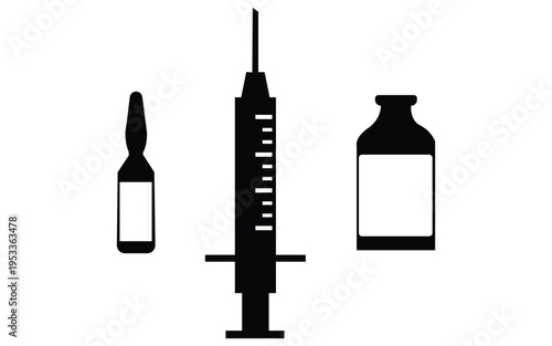Medical injection set icon with syringe, vial, and ampoule, black and white vector healthcare illustration