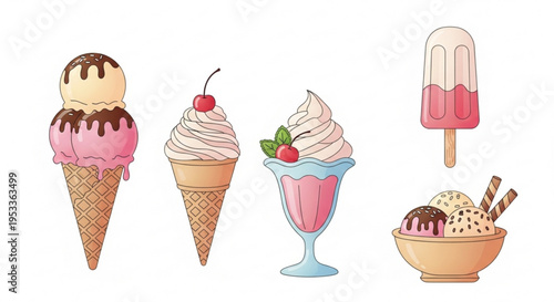 A colorful vector illustration of various ice cream treats including cones, sundaes, and popsicles.