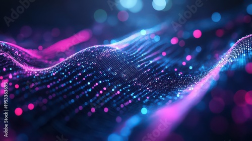 Futuristic Digital Data Stream in Cyberpunk City with Glowing Pink and Blue Neon Lines
