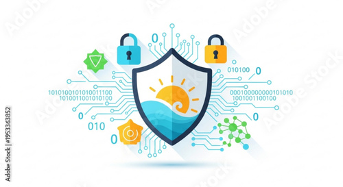 A vector graphic illustration of a shield with a sun and ocean design, surrounded by circuit board elements and security symbols, representing digital protection and safety.