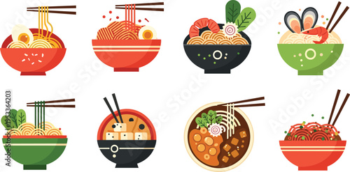 Asian Noodle Bowl Collection Vector Set with Ramen Udon Soup Seafood Chopsticks Traditional Cuisine and Delicious Food Illustrations Isolated on White Background