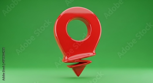 Red 3D Map Pointer Icon on Green Background.