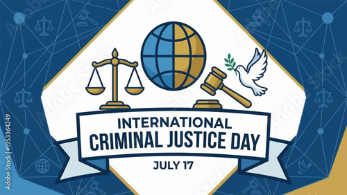 International criminal justice day logo with globe scales gavel and dove on blue background symbolizing global justice and law