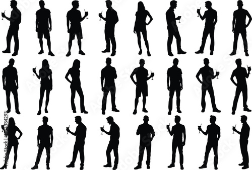 Large Vector Set of Diverse People Silhouettes Standing and Holding Drinks at a Party Celebration Social Event Clubbing and Active Lifestyle Group Collection
