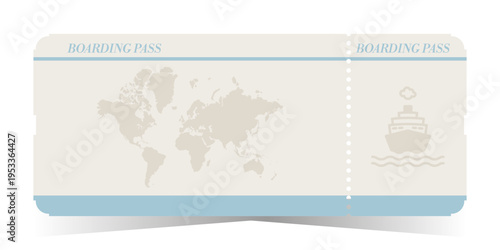 Boarding pass ticket template with world map and ship icon. Cruise travel design for sea voyage, summer tourism and vacation. Vector illustration