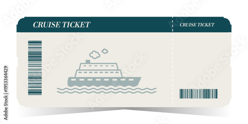 Cruise ticket template with barcode and cruise ship. Boarding pass design for marine travel, summer vacation and sea voyage. Vector illustration