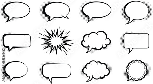 Comic speech and thought bubble illustration set with halftone shading, starburst explosions, clouds, oval and rectangular designs, perfect for storytelling projects.