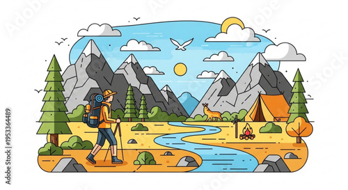 A colorful vector illustration of a hiker in a serene mountain landscape with a tent and river