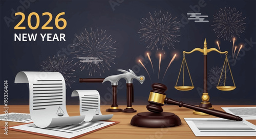 Lawyer's desk with 2026 new year celebration background legal documents gavel and scales of justice on wooden table