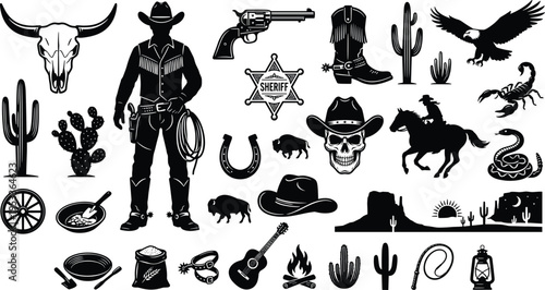 Large Wild West Silhouette Collection Featuring Cowboy Sheriff Badge Bull Skull Cactus Horseback Rider and Desert Landscape Icons Isolated on White for Western Graphic Design