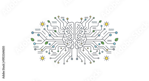 A vector graphic illustration of a brain with circuit board and eco-friendly elements