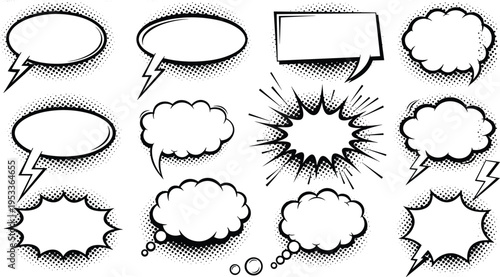 Comic speech and thought bubble illustration set with halftone shading, starburst, cloud, and oval designs, 