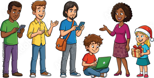 Diverse group of people using technology, including a boy with a laptop and a girl with a Christmas gift