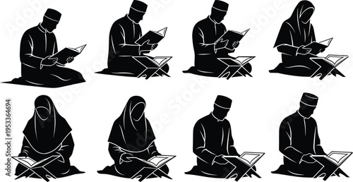 Muslim Man and Woman Silhouette Reading Holy Quran on Rehal Stand Set for Ramadan Kareem Eid Mubarak and Islamic Concept