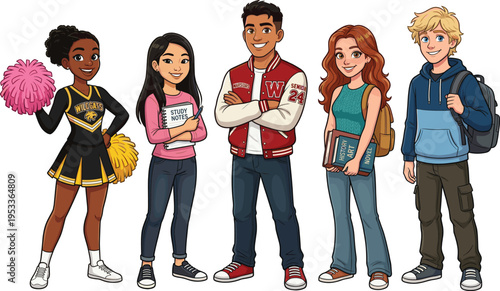 Diverse group of happy high school students, cheerleader, athlete, and scholars standing together for education and campus life, vector illustration