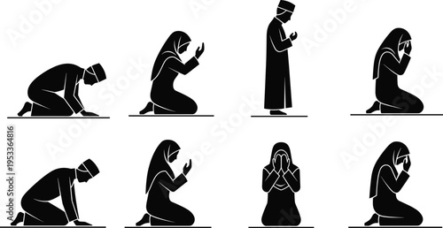 Muslim Man and Woman Silhouette Set Performing Islamic Prayer Postures Sujud Ruku and Dua Supplication for Religious Education and Design