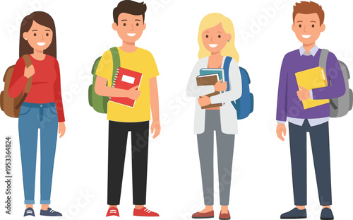Happy group of diverse young college students with backpacks and notebooks standing together, isolated vector illustration for education concept