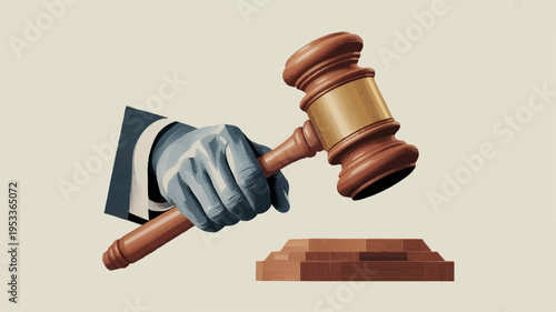 Judge's hand holding wooden gavel above sound block on beige background symbolizing law and order
