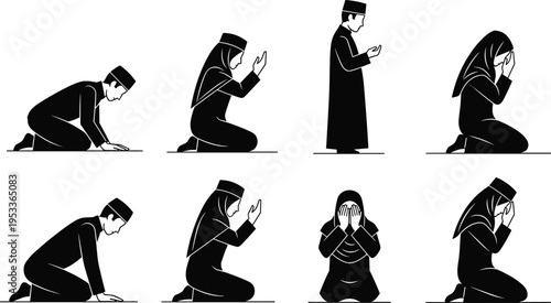 Muslim Men and Women in Prayer Set Islamic Salah Postures Sujud Tashahhud and Dua Silhouette Illustrations for Ramadan and Eid Designs