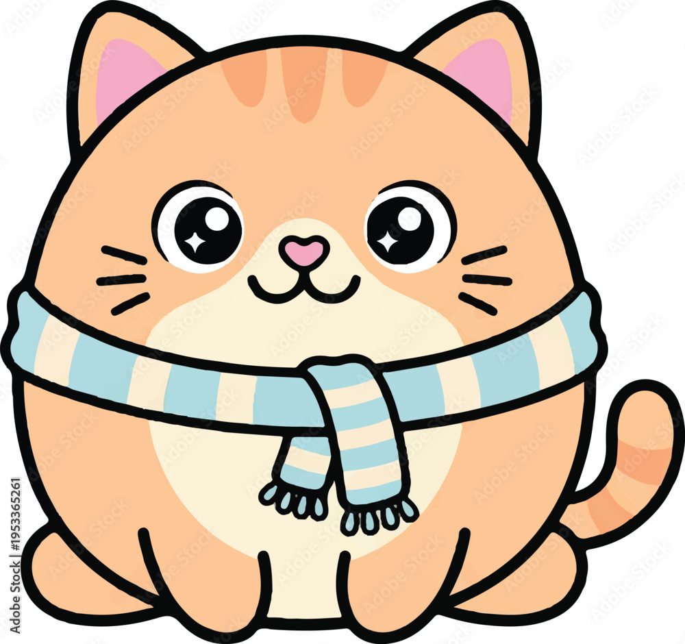 Naklejka premium Simple cute vector character, round cat with big eyes wearing a tiny scarf, flat illustration style, pastel colors, thick black outlines, isolated on white background