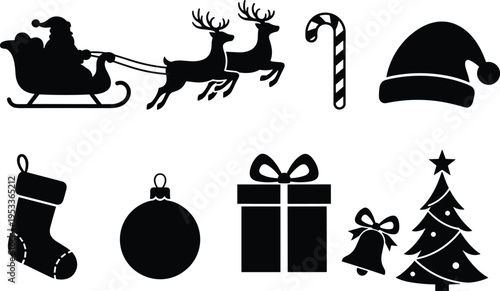 Mega Collection of Seasonal Holiday Vector Icons and Silhouettes Featuring Christmas Santa Sleigh Reindeer Trees Gifts and Summer Beach Vacation Elements Like Palm Trees