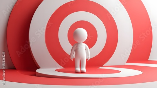 Small White Figure Stands Centered in a Red and White Target Bullseye.