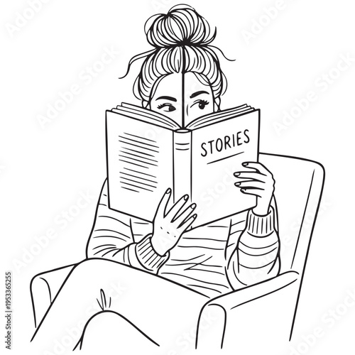 Vector illustration of woman reading book sitting in armchair