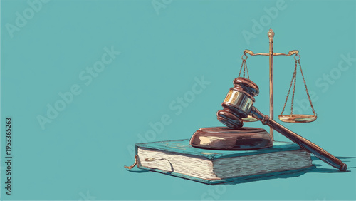 Law book with gavel and balance scale on top symbolizing justice and legal system on teal background