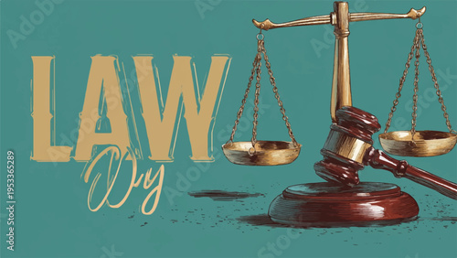 Law scale with gavel on wooden block and balanced golden plates on green background with law text