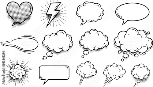 Comic speech and thought bubble illustration set with heart, lightning bolt, explosion, and motion effects, perfect for graphic novels and storytelling projects.